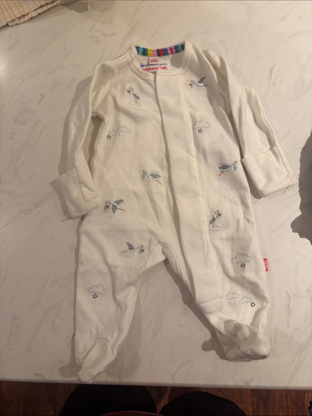 Magnetic Me Cream Baby One-Piece Footed Sleeper with Bird Embroidery